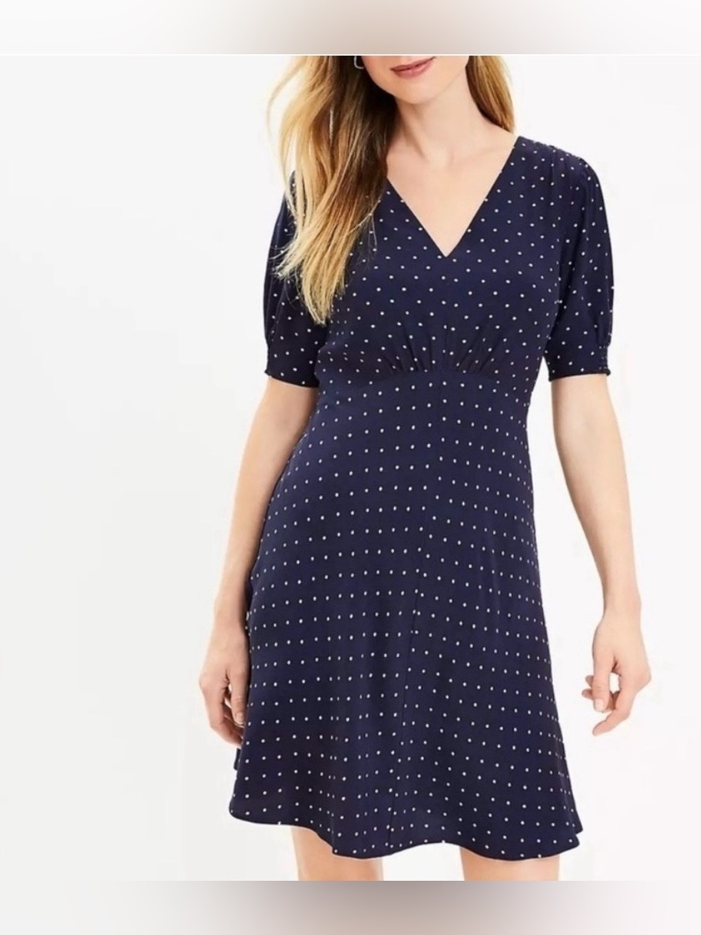 NWT Loft Fit & Flare Dress Size 12 V-Neck Navy Blue Knee Length Puff Sleeve
